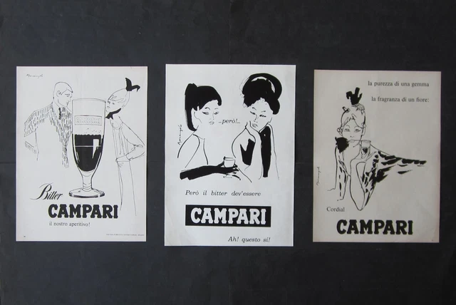 Lotto 3 Pubblicita' Campari Bitter Aperitivo Cordial Illustratore Marangolo 1960