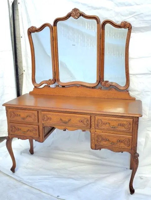 Vtg Country French Tiger Oak Vanity / Dressing Table / Console Table with Mirror