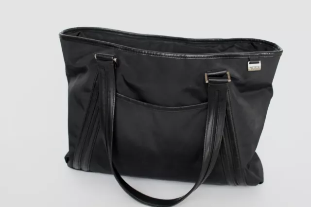 TUMI Shoulder Tote Bag Womens Travel Purse Carry On Leather Trimmed Black