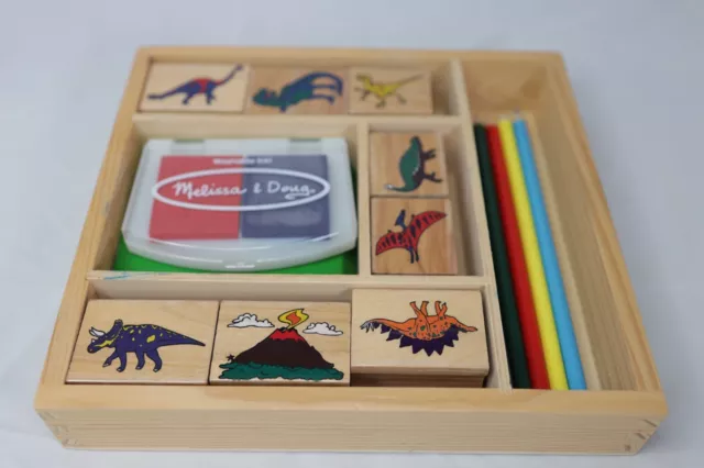 Melissa & Doug Wooden Dinosaur Stamp Set USED with DRY Stamp Pad Blue and Red 2