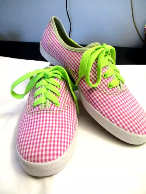 KEDS Original Champion Canvas Sneakers Pink & White Lime Checked Sz 6.5 Women's