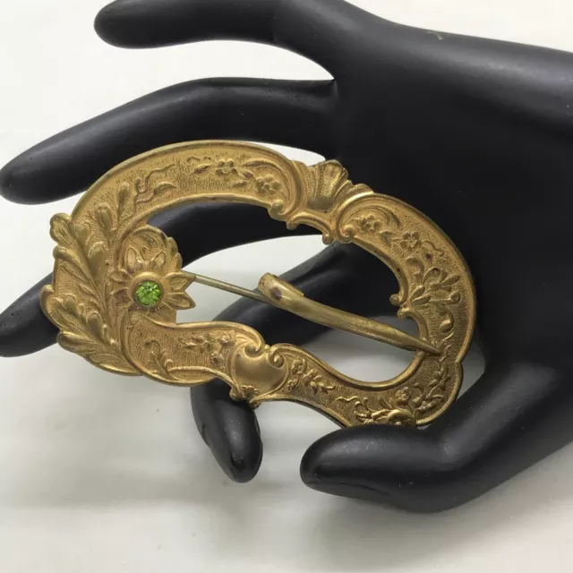 Antique Victorian Elegant Ornate Gold Tone Belt Buckle- Brooch w Green Crystal