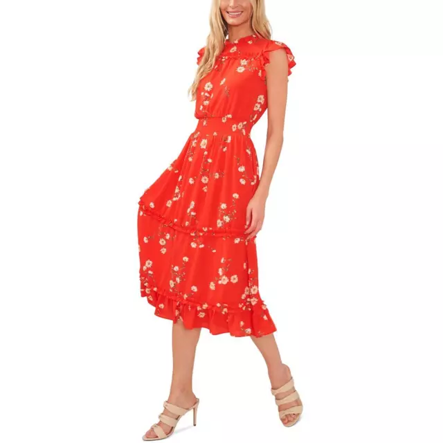 CeCe Womens Red Floral Print Polyester Midi Dress XL BHFO 5612