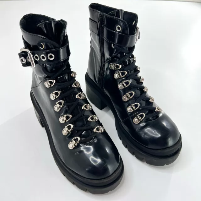 Jeffrey Campbell Womens 7M Combat Czech Boots Black Patent Leather Moto Platform