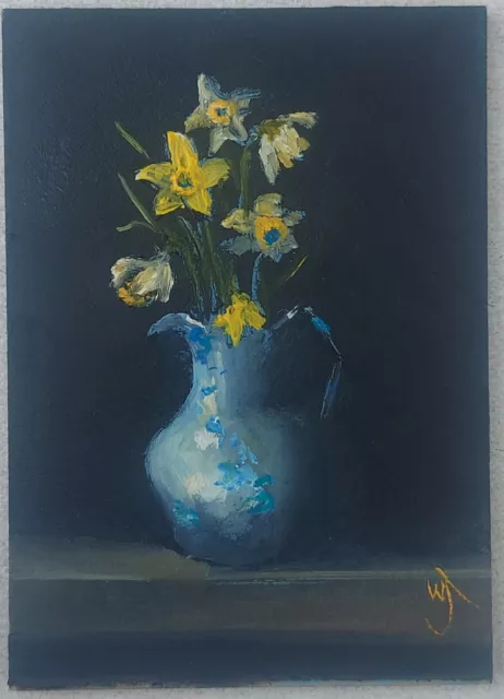 Original ACEO William Jamison Miniature Oil Painting Still Life Daffodi Flowers