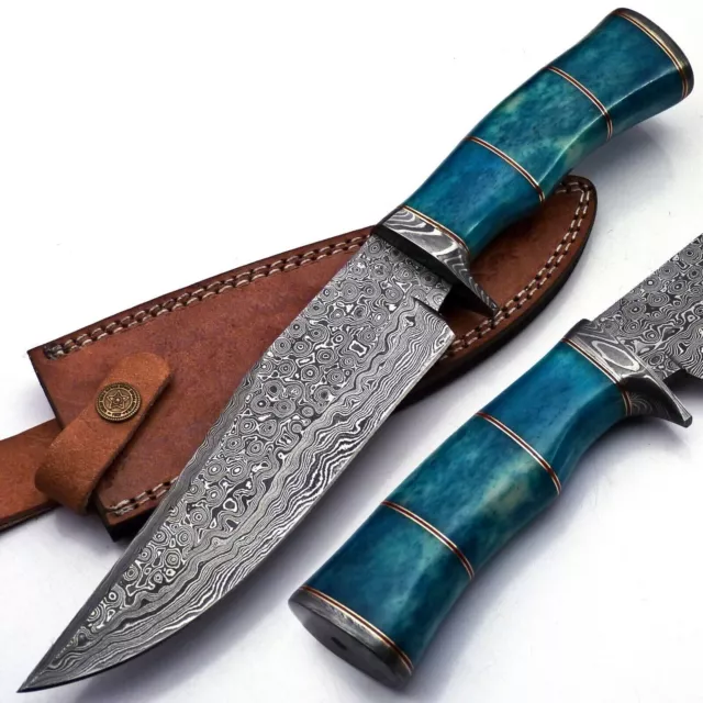 Handmade Damascus Bowie Knife Sharp Blade Camel Bone Handle With Leather Sheath