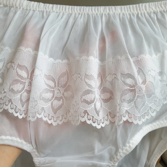 VINTAGE WHITE NYLON Panties Sheer Bikini Flower Lace Brief Size 78 Hip