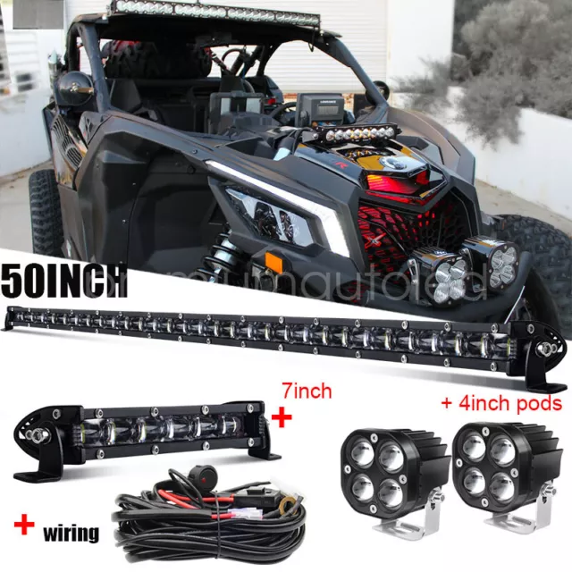 For Can-Am Maverick X3 Roof Spot Flood 50inch +7" LED Light Bar +4" Pods+ Wires