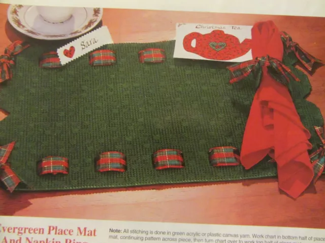 Evergreen Place Mat+ Napkin Ring- Plastic Canvas Pattern; Removed From Magazine
