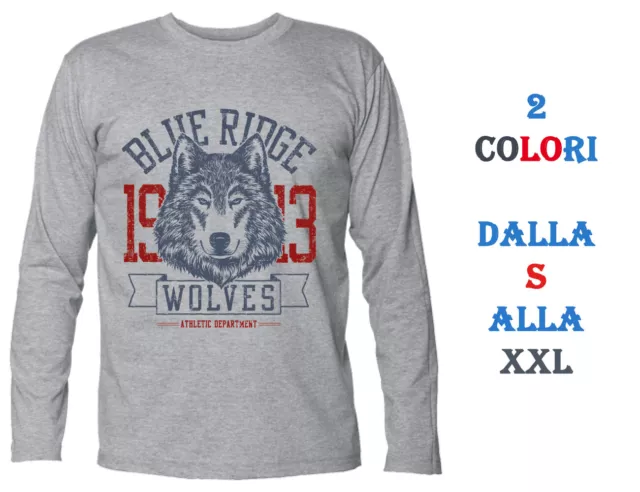 T-Shirt maglietta Uomo cotone jersey manica lunga Lupo Wolves