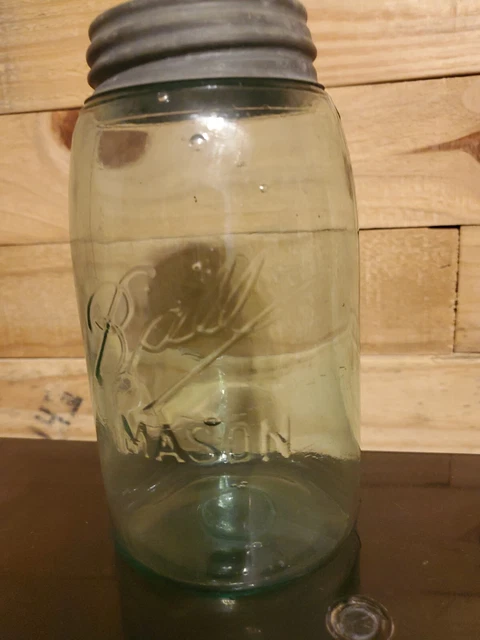 Vintage Ball Mason Jar Aqua Blue Quart Zinc Lid Triple "L" style logo, 1896-1910
