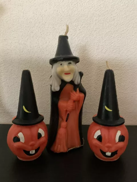 Vintage Gurley Halloween Candles 2 Jack-O-Lanterns & 1 Witch Black Orange Unused