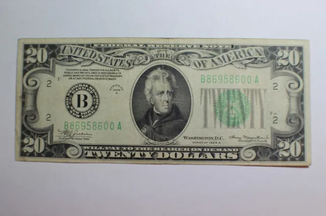 1934 A VF $20 New York Federal Reserve Note B86958600A