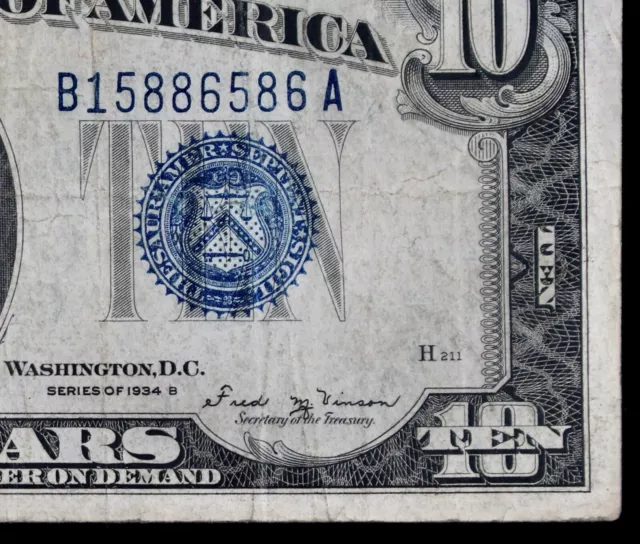 KEY $10 1934B blue seal Silver Certificate B15886586A series B, ten dollar fp211