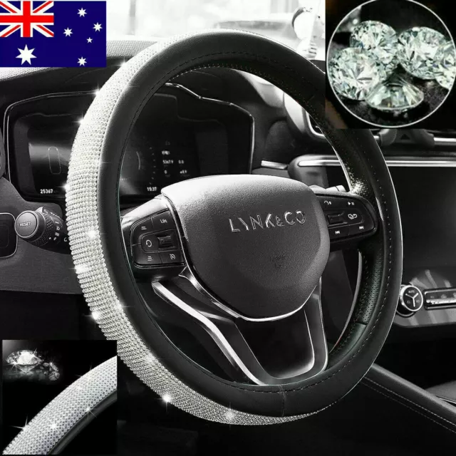 Universal Crystal Steering Wheel Cover PU Leather Bling Bling Rhinestones Silver