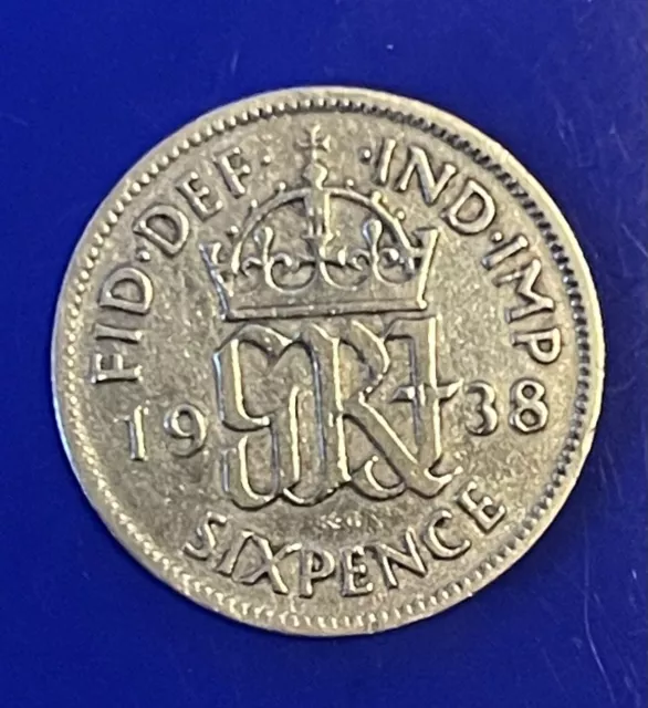 1938 GEORGE VI  SILVER SIXPENCE  ( 50% Silver )  British 6d Coin.