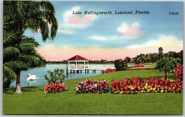 Postcard FL Lake Hollingsworth Swan Gazebo Flowers Scenic View Lakeland Florida