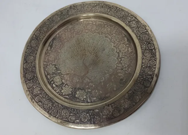 Antique, vintage brass wall hanging plate peacock