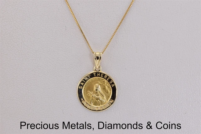 14k Yellow Gold 15mm x 15mm Saint Theresa "Pray for Us" Circle Pendant 18" Chain