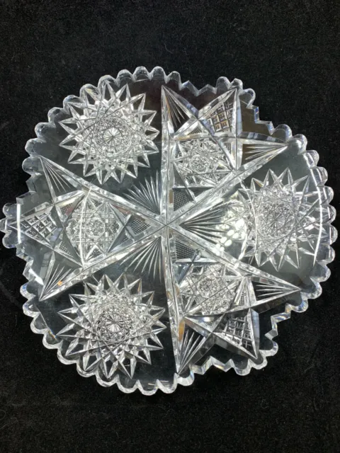 Antique American Brilliant ABP cut crystal Med low bowl Aztec 6 panel Libbey?
