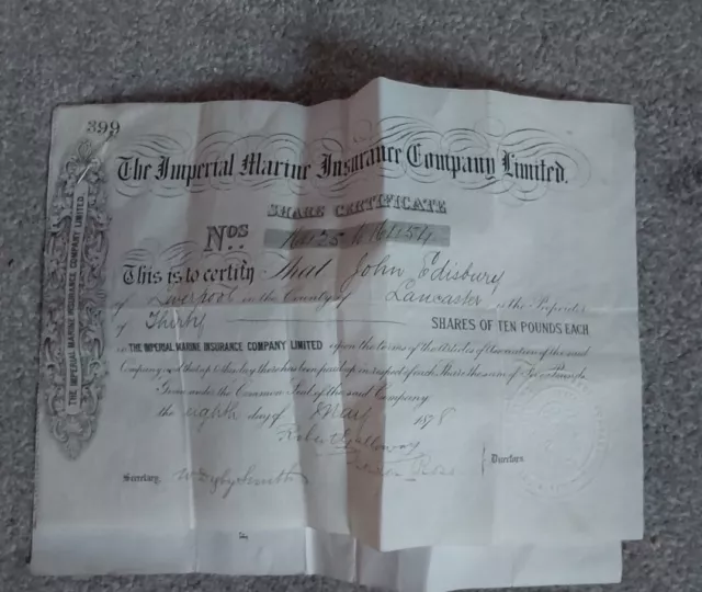 The Imperial Marine Insurance Company Ltd Share Certificate 1878 Shares Of £10 The Imperial Marine Insurance Company Ltd Share Certificate 1878 Shares Of £10