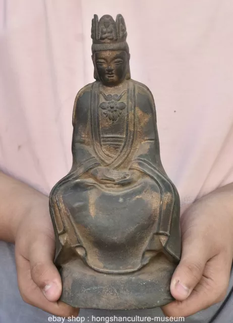 9.6" Marked Old Chinese Copper Buddhism Sit Kwan-yin Guan Yin goddess Statue