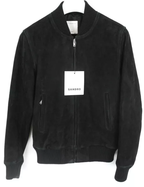 Chaqueta SANDRO Monaco Para Hombre XS Gamuza Cuero de Cabra Cremallera Mosca Negro Bombardero