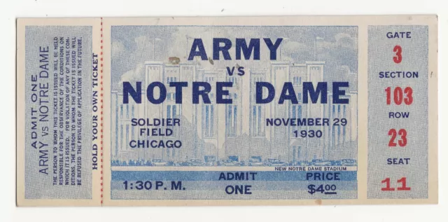 Rare 1930 University of Notre Dame vs. Army FULL TICKET; college football #2