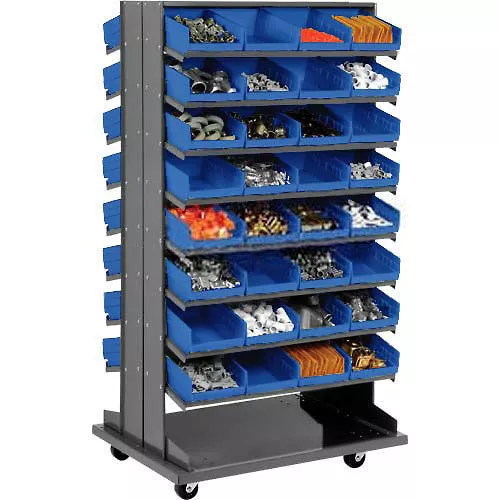 Double-Sided Mobile Rack 16 Shelvs with (64) 8"W Blue Bins