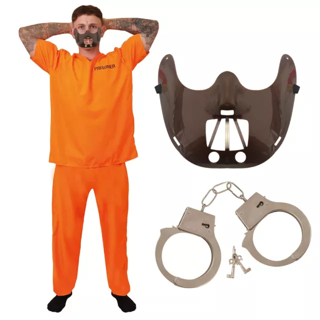 Mens Halloween Costume Hannibal Lecter Fancy Dress Orange Outfit Mask Handcuffs