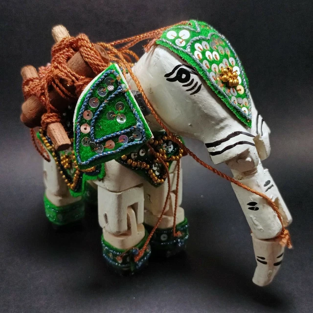 Elephant Green Saddle Burmese Wood Marionette String Puppet Asian Folk Art Toy
