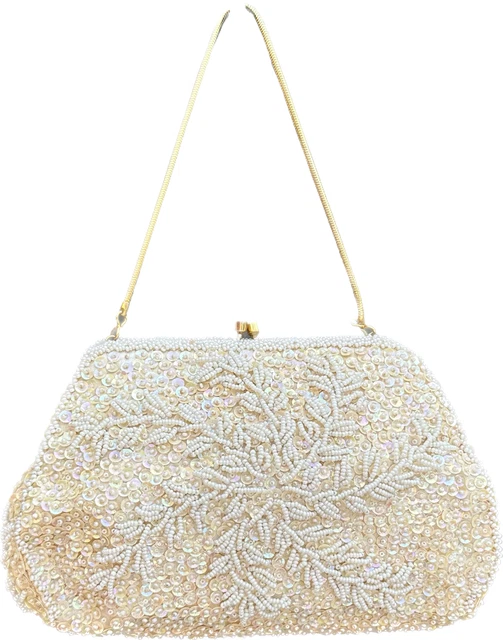 White Seed Bead & Iridescent Sequin Evening Bag Gold Chain Kiss Lock 6x8x3 Purse