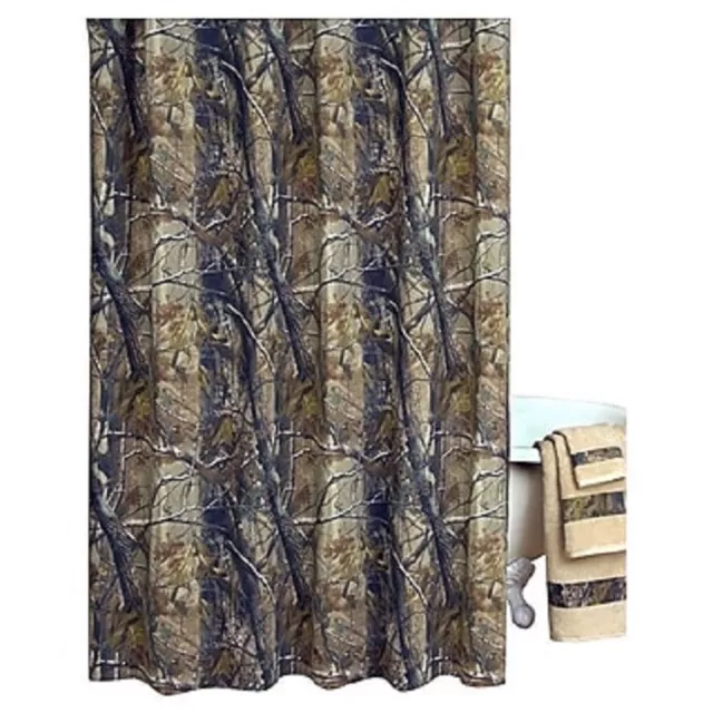 Realtree Shower Curtain & Hooks Set, Cabin Bathroom Antler Logo Bath Accessories