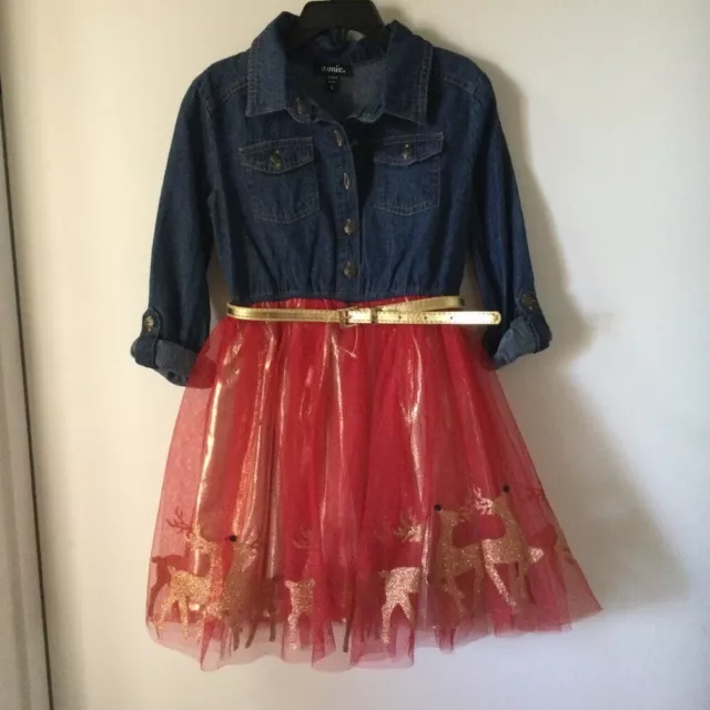 Zunie Girls Dress Denim And Tulle With Reindeer Trim Size 6 Nwot