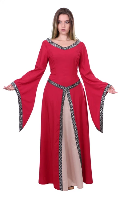 Vestito Lungo Rosso Con Fregi E Manica Svasato, Medievale Abito
