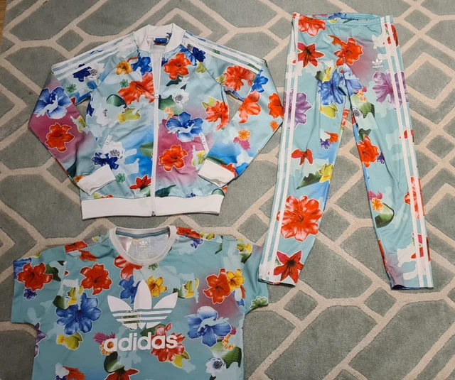 Girls ADIDAS Originals 3 Piece Floral Print Tracksuits Set Size 11-12 Year