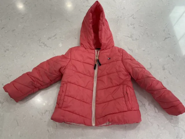 Tommy Hilfiger Girls Size 4 Quilted Puffer Jacket Coral Pink Hooded Hood Winter