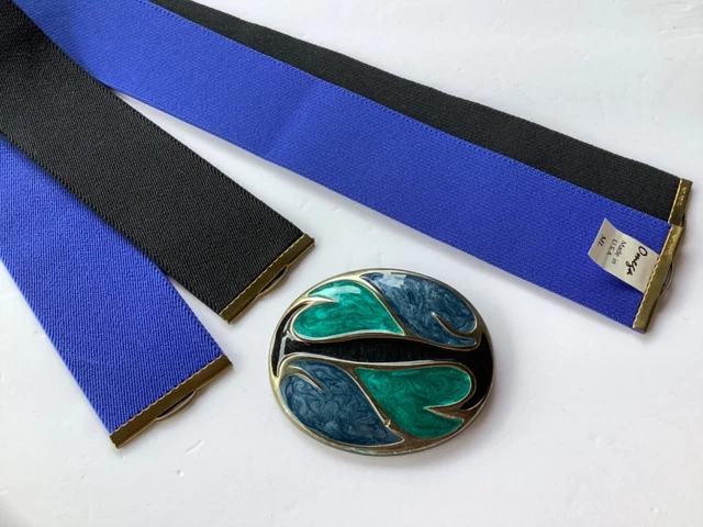 Vintage 80s Omega Stretch Belt Set of 2 M/L Enamel Buckle Black Blue New Wave Vintage 80s Omega Stretch Belt Set of 2 M/L Enamel Buckle Black Blue New Wave