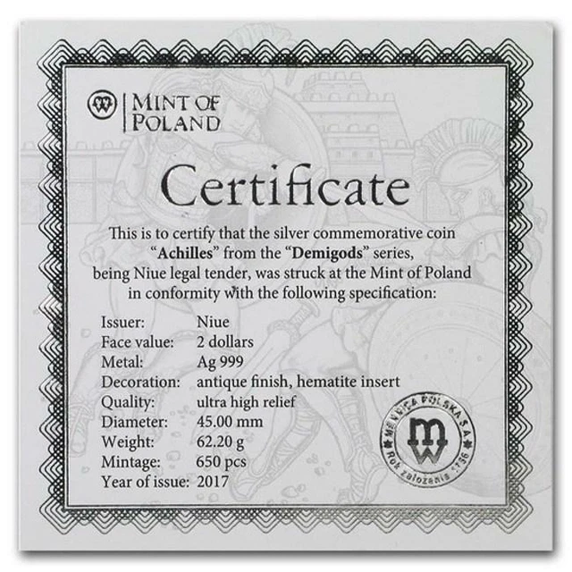 2017 Niue 2 oz Antique Silver Demigods Achilles Ultra High Relief 3