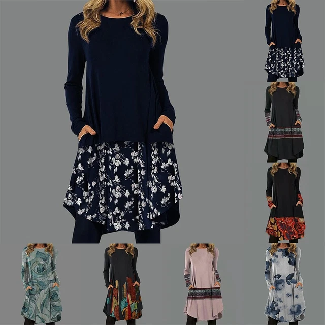 Abito da donna alla moda stampa vintage vestibilità sciolta con tasca stile boh
