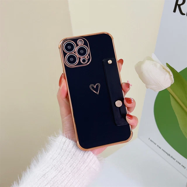 Cute Love Heart Plating Case For iPhone 14 13 Pro Max 12 11 XS XR 87 Wrist Strap
