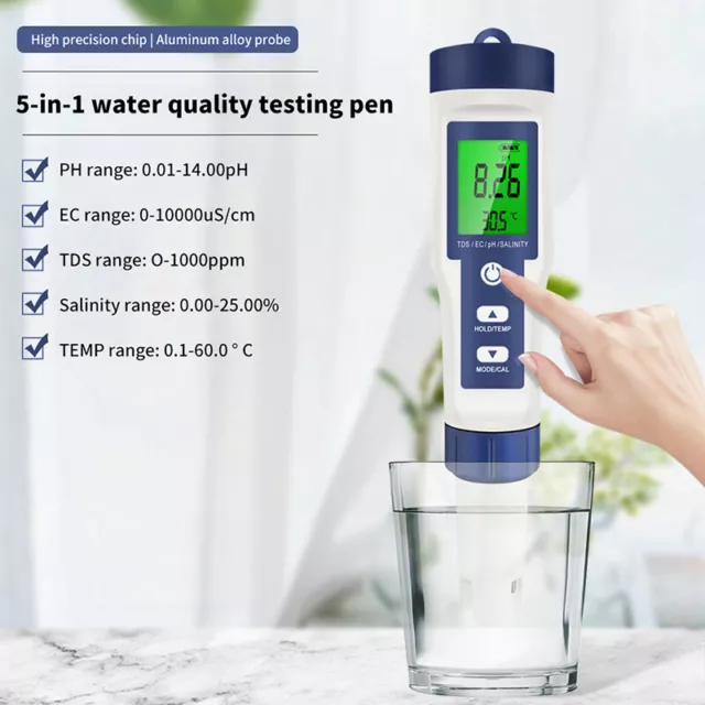 Tester qualità acqua 5 in 1 misuratore di temperatura TDSecphSalinity test digitale