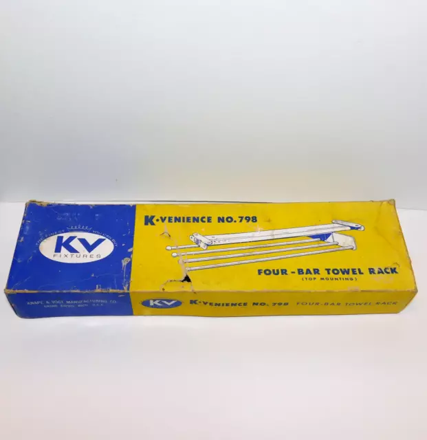 Vintage 1950s K V Fixtures 4 bar Towel Rack Chrome Top Mounting No. 798 in Box