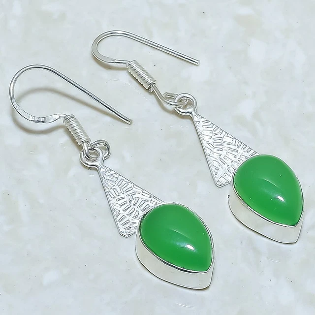 Green Jade Gemstone Handmade Ethnic Silver Jewelry Earring 1.9" ERJR1132
