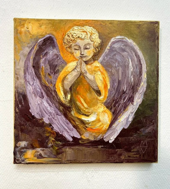 ORIGINAL OIL PAINTING on canvas Little angel Guardian Angel Prayer 8x8 ...