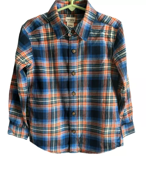 NWT Carters Boys Blue/Orange Plaid Flannel Button Up Short Size 4