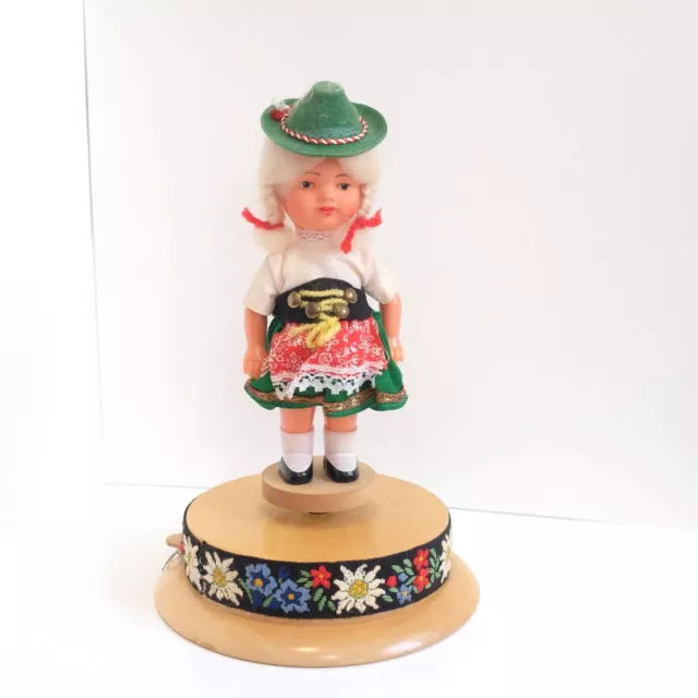 Vintage Cuendet Music Box Swiss Dirndl Dress Girl Doll Brahms Lullaby 5249 Wood 2