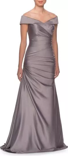 New LA FEMME Off the Shoulder Ruched Satin Trumpet Gown In Platinum Size 10 $495