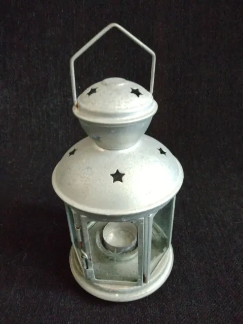 Candle Lantern Primitive Style Punched Metal & Glass Hinged Door Shabby Cottage