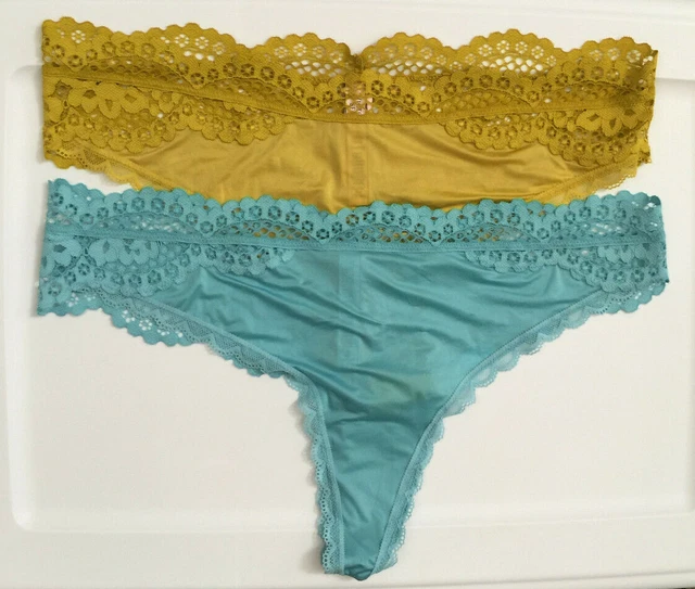 VICTORIAS SECRET TEAL Yellow Thong Size XL Lace Trim Body by Victoria